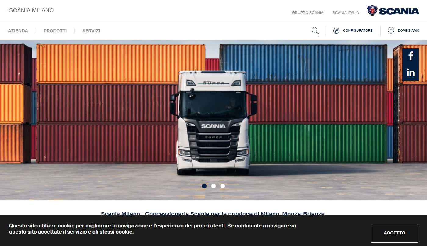 homepage del sito web Scania Milano progettata da Totalcom con un camion Scania Super bianco davanti a container colorati