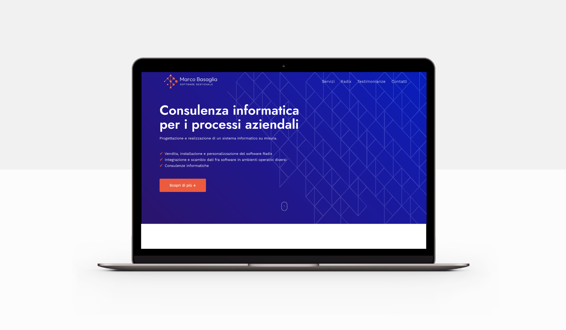 interfaccia desktop progettata da Totalcom per il sito web di Marco Basaglia, con layout moderno, colori blu professionali e tipografia leggibile