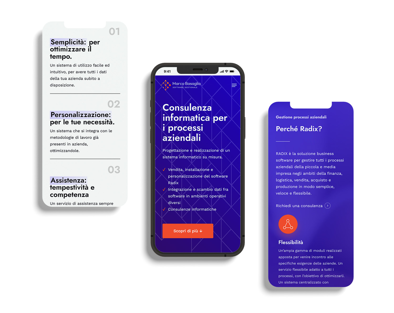 interfaccia mobile del sito sviluppato da Totalcom per Marco Basaglia con design pulito, testi chiari e layout orientato alla user experience