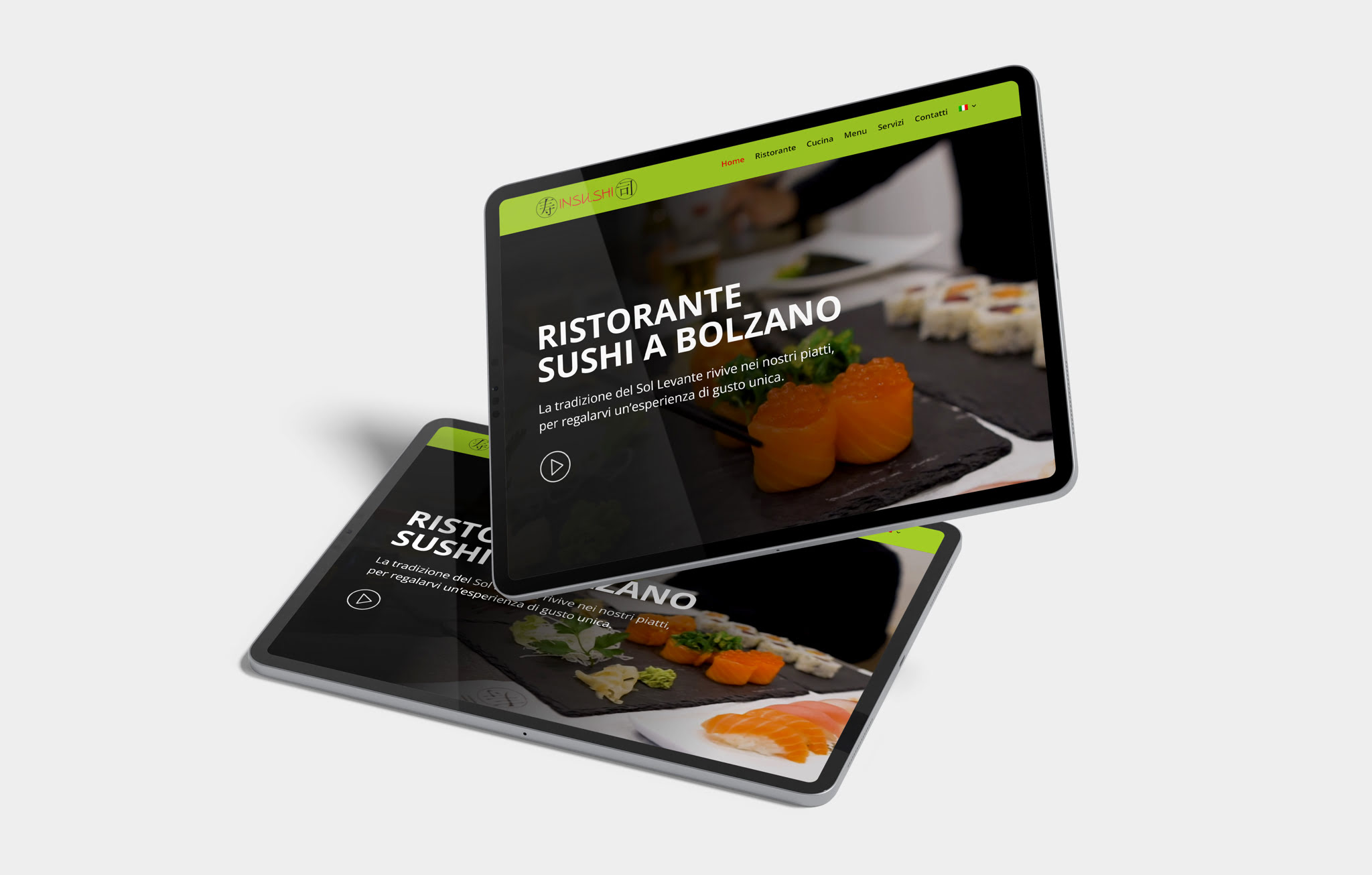 Vorschau der Website des japanischen Restaurants Insushi in Bozen, gestaltet von Totalcom, auf einem Tablet