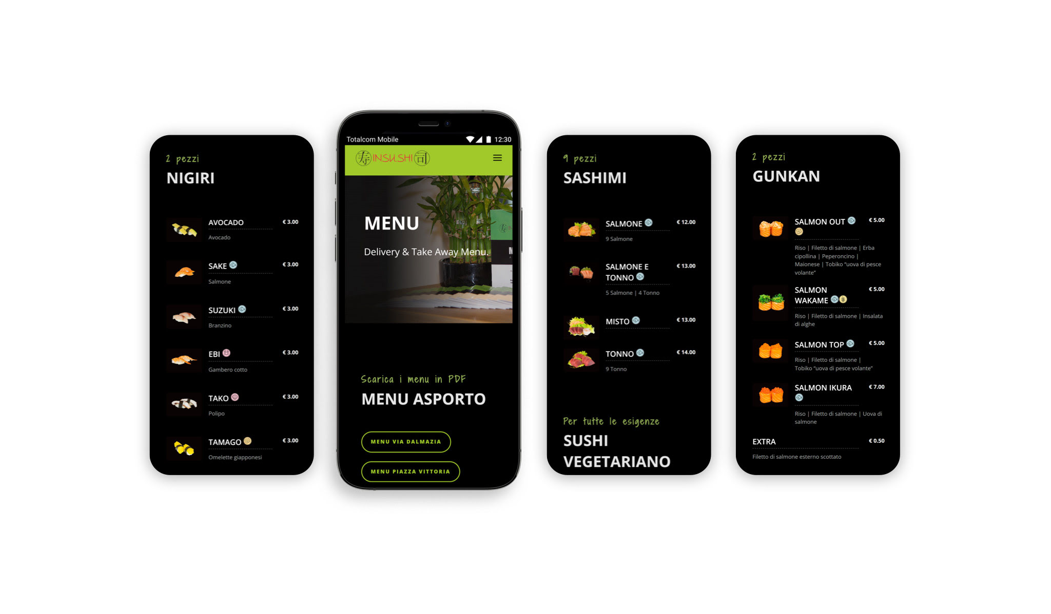 Anzeige des digitalen mobilen Menüs für das japanische Restaurant Insushi in Bozen, entwickelt von Totalcom