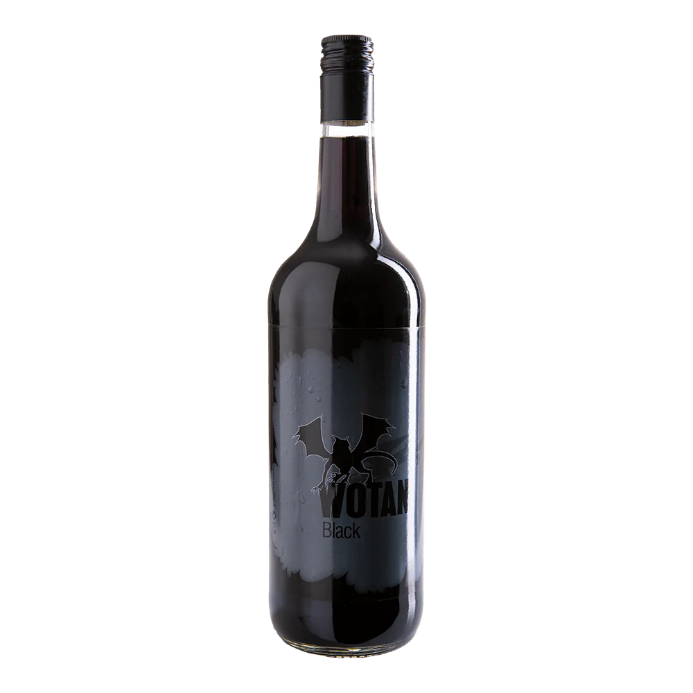 bottiglia di Wotan Black con liquido scuro, etichetta nera decorata con pipistrello e tappo nero