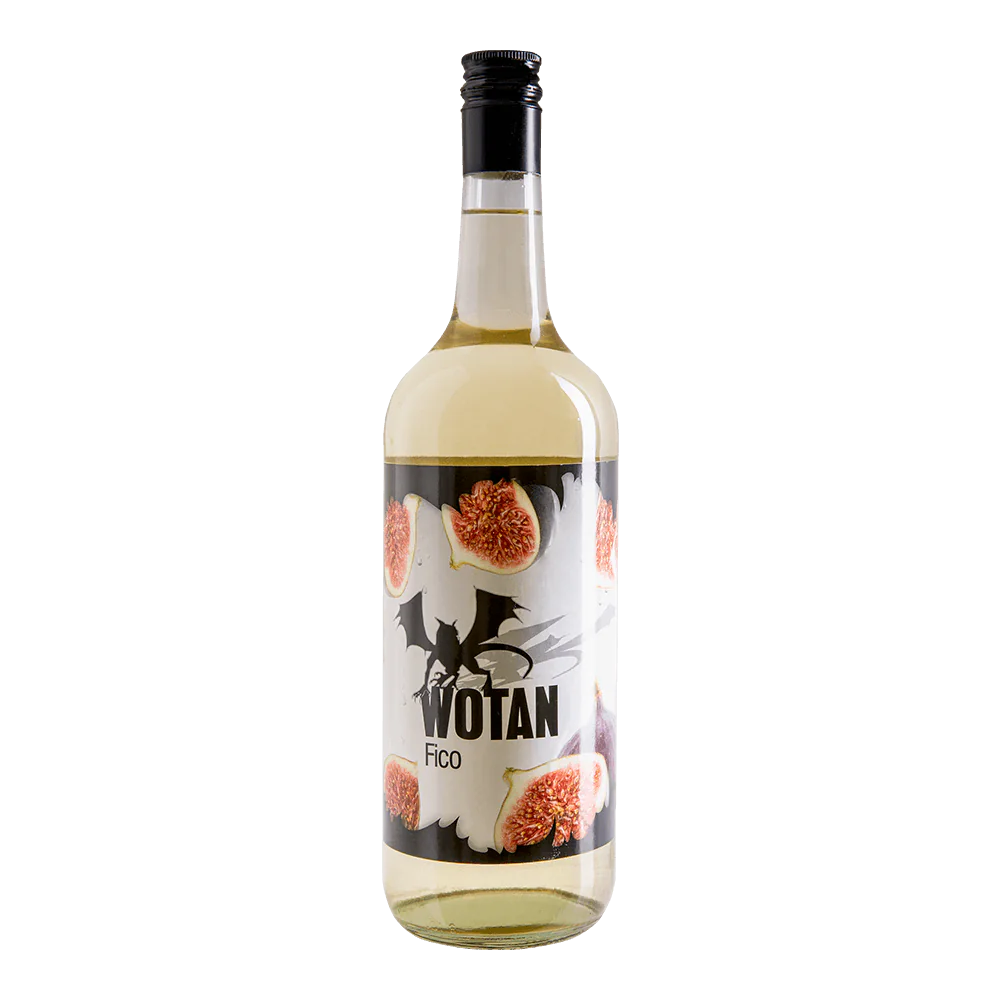 bottiglia di Wotan Fico con liquido chiaro, etichetta bianca decorata con fichi e pipistrello nero, tappo nero