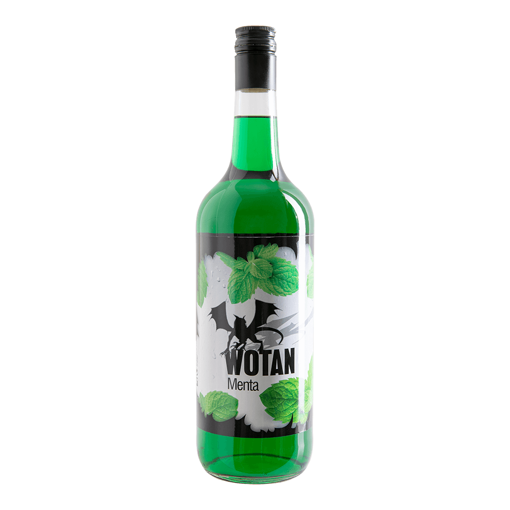 bottiglia di Wotan Menta con liquido verde, etichetta bianca decorata con foglie di menta e pipistrello nero, tappo nero