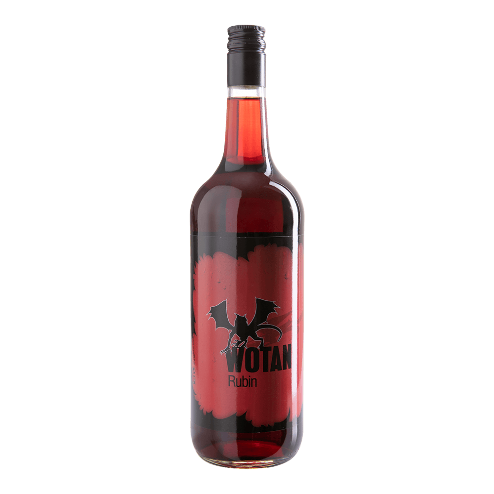 bottiglia di Wotan Rubin con liquido rosso, etichetta nera e rossa decorata con un pipistrello nero, tappo nero
