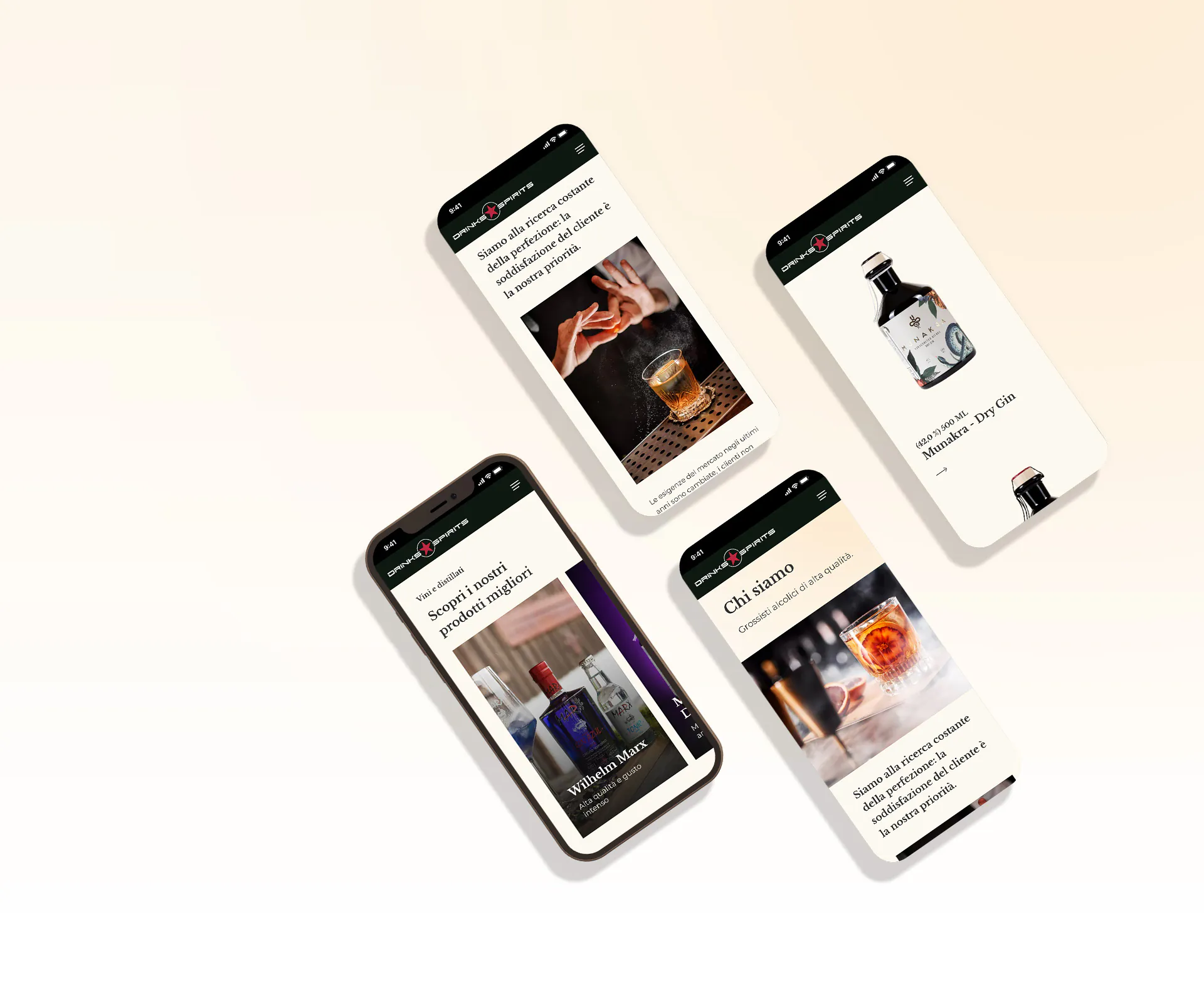 mockup di quattro smartphone che mostrano il sito web di Drinks & Spirits dedicato alla distribuzione di superalcolici premium