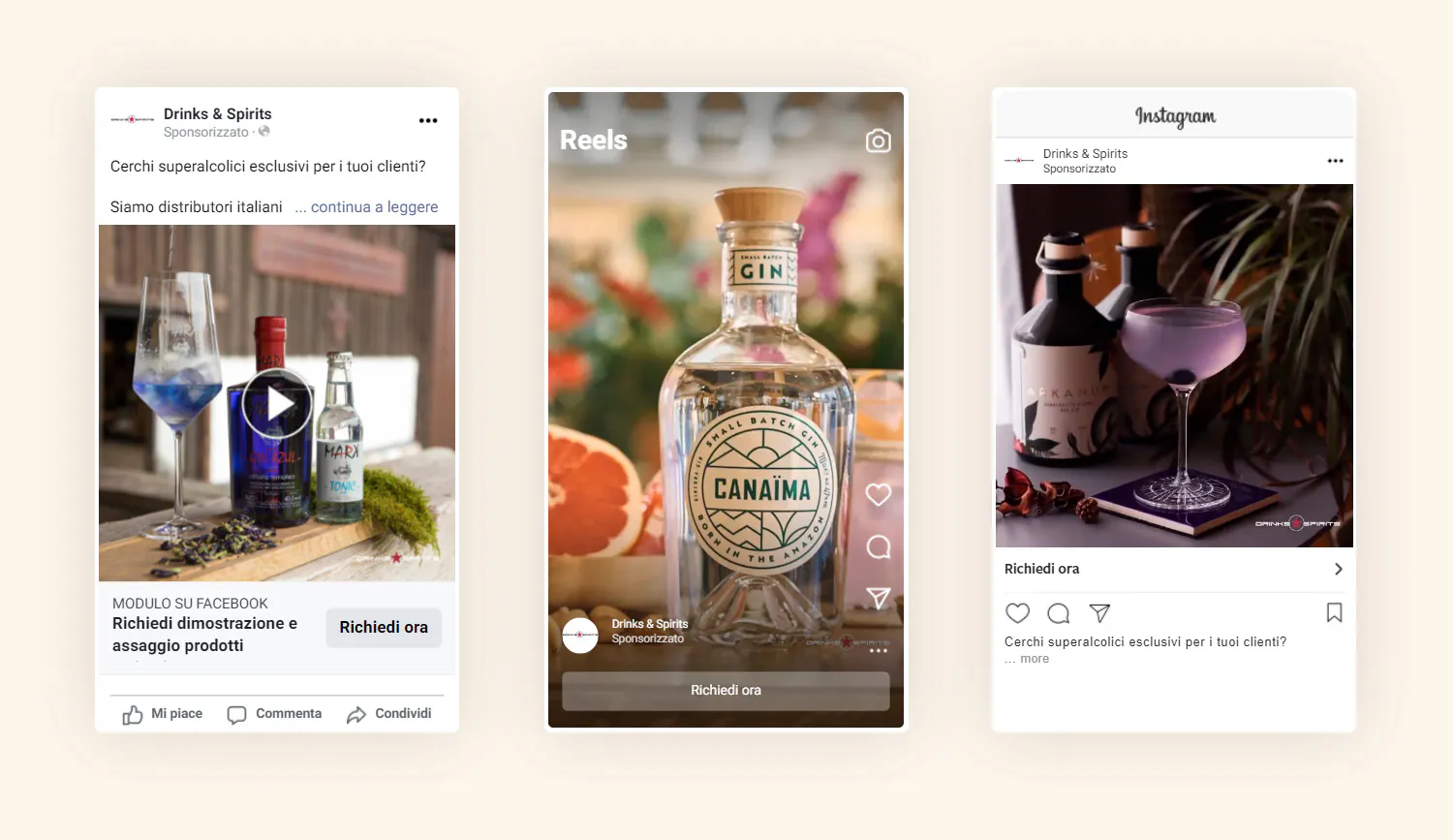 inserzioni social di Drinks & Spirits con immagini di gin e superalcolici premium