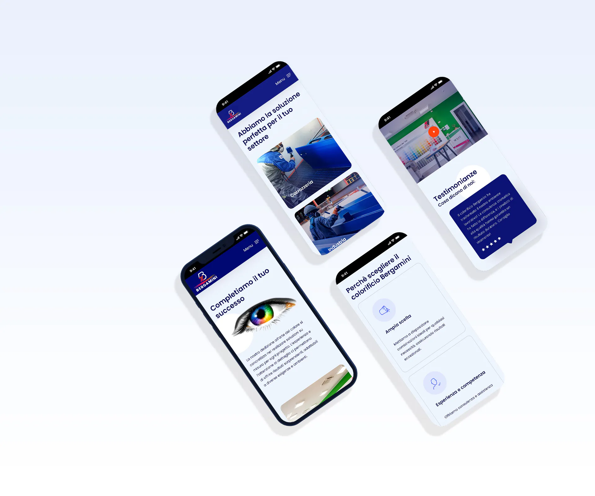 Anteprima del sito web del Colorificio Bergamini visualizzato su quattro smartphone con layout responsive.